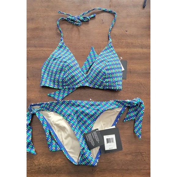 Echo Other - NWT Echo Geometric Bikini Halter Top & Tie Side Bottom Blue Green 123281